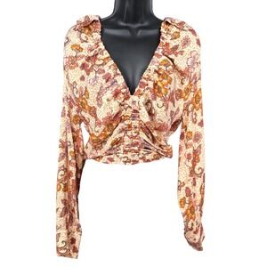 Free People Floral Ruched Crop Top Long Sleeve Romantic Boho Size L